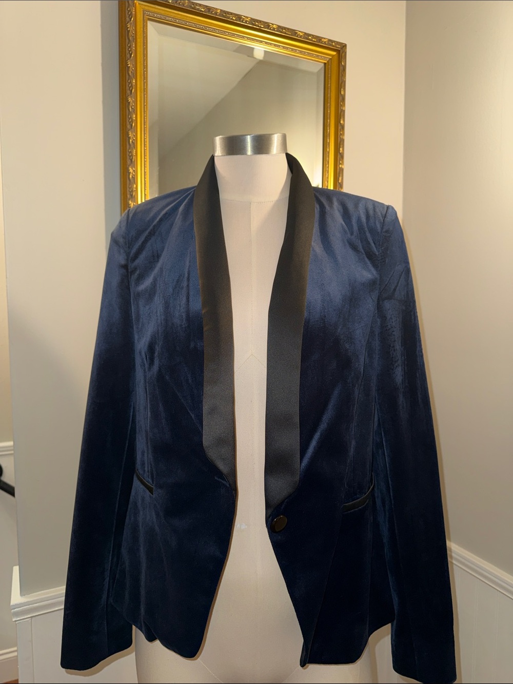Karina Grimaldi Navy Blue Jacket with Black Satin Trim.  Size medium like new.